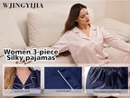 WJing Yi Jia 3Pcs Satin Pajama Sets For Women XS-3XL Womens Silk Pajamas Set Silky Sleepwear Nigtwear Loungewear Long Pj Set