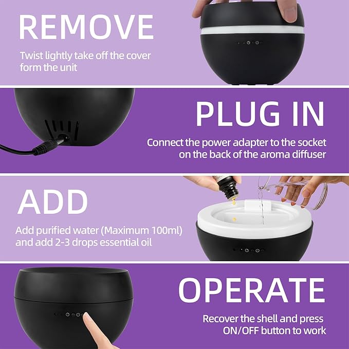 Essential Oil Diffuser, Small Ultrasonic Aromatherapy Diffuser with Auto-Off Function, Cool Mist Humidifier with 2 Modes, Fragrance Aroma Diffuser for Bedroom, Home Scent Diffuser 100ml (Black)