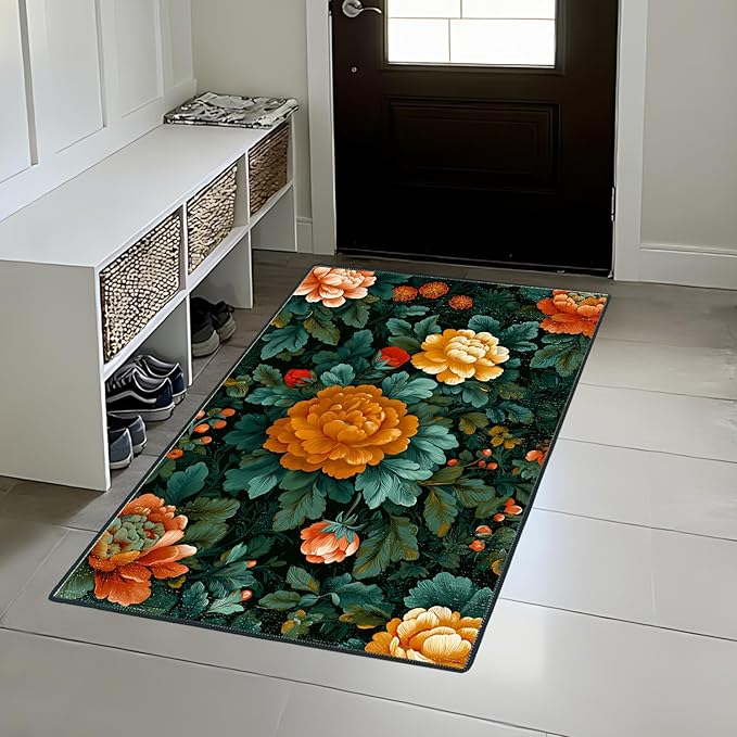 Vintage Floral Spring Area Rug 2x3 ft Entry Rug Washable Boho Rugs Non Slip Low Pile Vintage Floral Door Mat Small Carpet for Bedroom, Bedside, Kids Room, Office, Dining Room