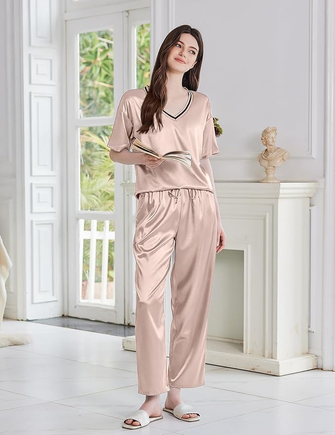 Ekouaer Satin Pajama Set for Women Short Sleeve Silky Pjs 2 Piece Lounge Sets Soft Comfy Sleepwear Loungewear S-XXL