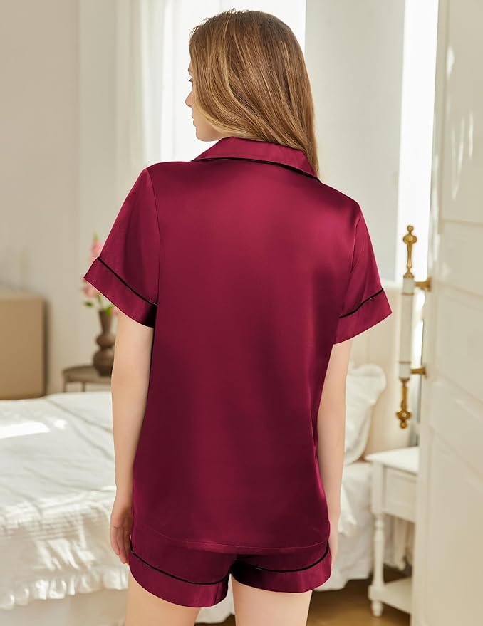 Silk Pajamas for Women Short Sleeve Sleepwear Soft Button Down Loungewear 2 Piece Satin Pjs Shorts Set S-XXL