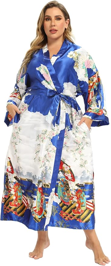 Women's Floral Long Satin Robes Plus Size Long Silk Robes Peacock Floral Kimonos Sleepwear Dressing Gown