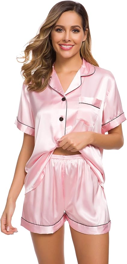SWOMOG Womens Silk Satin Pajamas Set Short Sleeve Sleepwear Button Down Top and Shorts Loungewear 2 Piece Pjs Set XS-3XL