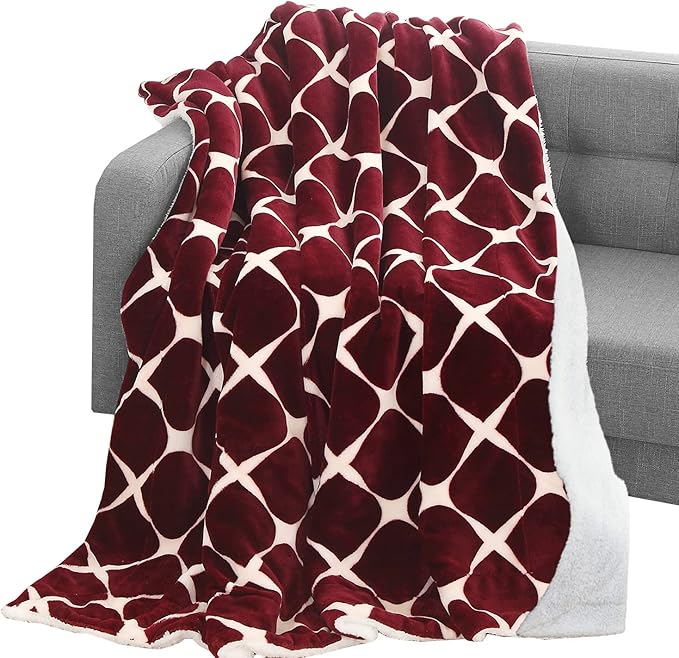 Elegant Comfort Throw Blanket, Reversible Sherpa Flannel, Ultra-Soft, Fuzzy, Cozy and Plush- All Season Lightweight Decorative Throw, 50 x 60 inches, Ogee Pattern Sherpa Throw, Burgundy