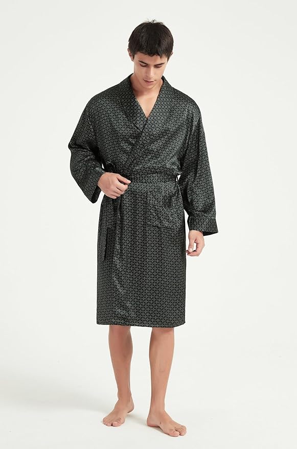 Men's 100% Mulberry Silk Long Robe Kimono Paisley Print Bath Robe, Heavy Silk 19 Momme Dressing Gown