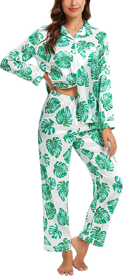 SWOMOG Womens Silk Satin Pajamas Set Long Sleeve Button Down Sleepwear 2 Piece Lounge Set Pj Set XS-3XL