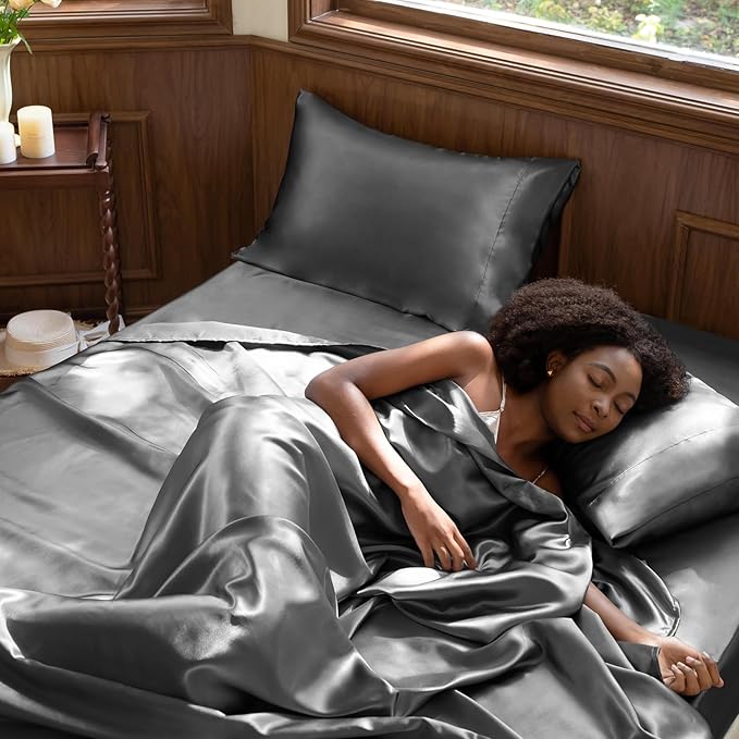 CozyLux Satin Sheets Full Size Sheets - 4 Piece Silky Full Size Bed Sheets, Luxury Dark Grey Full Bed Set with Smooth and Soft Microfiber, Includes 1 Fitted Sheet, 1 Flat Sheet and 2 Pillowcases