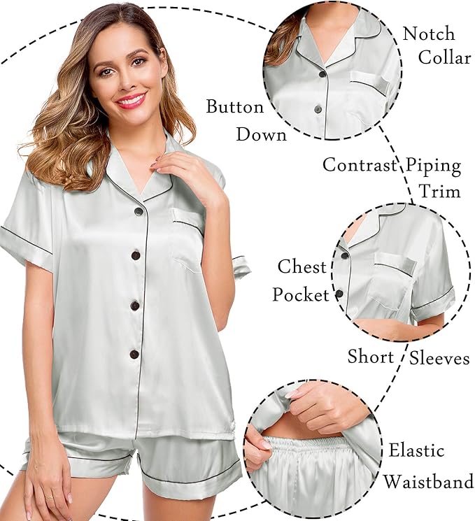 LecGee Womens Silk Satin Pajamas Short Sleeve Loungewear Two-Piece Sleepwear Button-Down Pj Set
