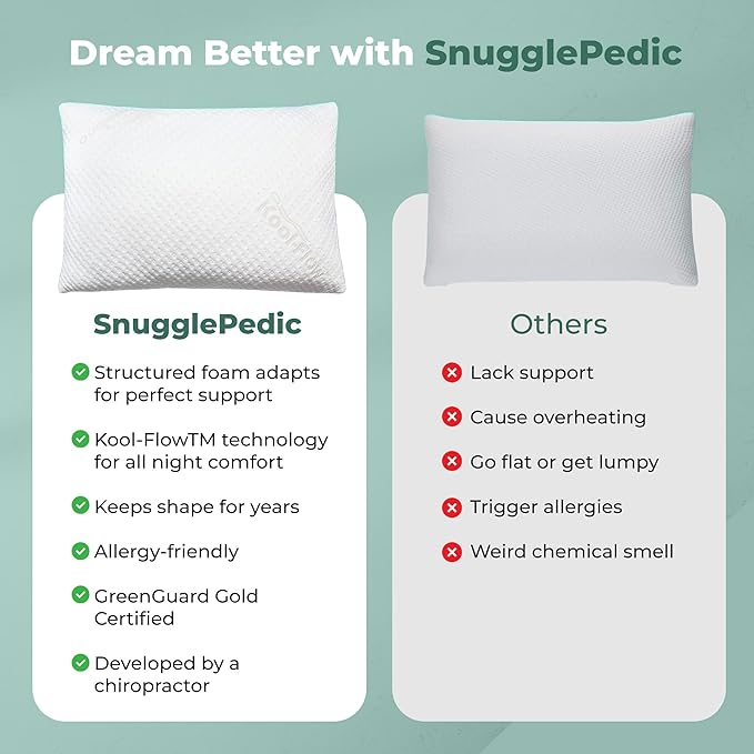 Snuggle-Pedic Queen Shredded Memory Foam Bed Pillow - Ergonomic Design with Cooling Airflow Cover - Custom Support for Side Sleepers, Pregnancy Relief Recovery Comfort & Dorm Essentials - USA Quality
