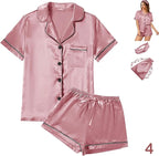 WJing Yi Jia 4Pcs Womens Satin Silky Pajama Sets Short Sleeve Shirt XS-4XL Floral Pajamas Set Soft PJ Loungewear Sleepwear