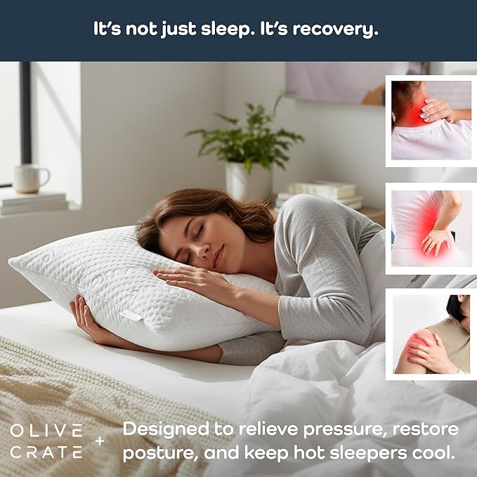 Olive + Crate BreathePure™ Adjustable Cooling Shredded Memory Foam Pillow - Breathable Bamboo Viscose Cover for Temperature Control - Gel Pillows for Side Sleepers - Queen Size