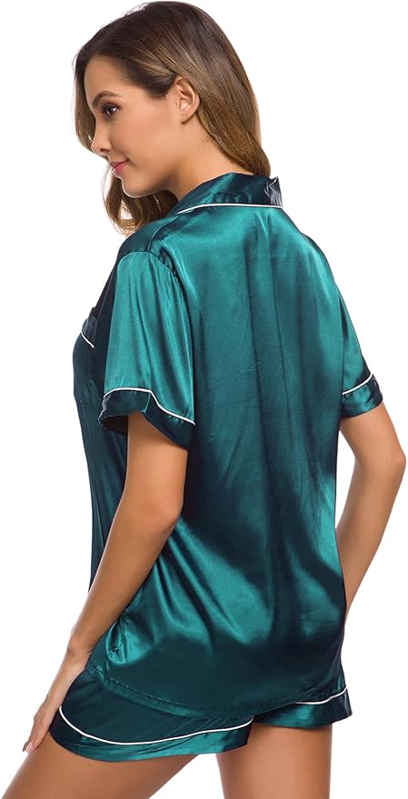 SWOMOG Womens Silk Satin Pajamas Set Short Sleeve Sleepwear Button Down Top and Shorts Loungewear 2 Piece Pjs Set XS-3XL