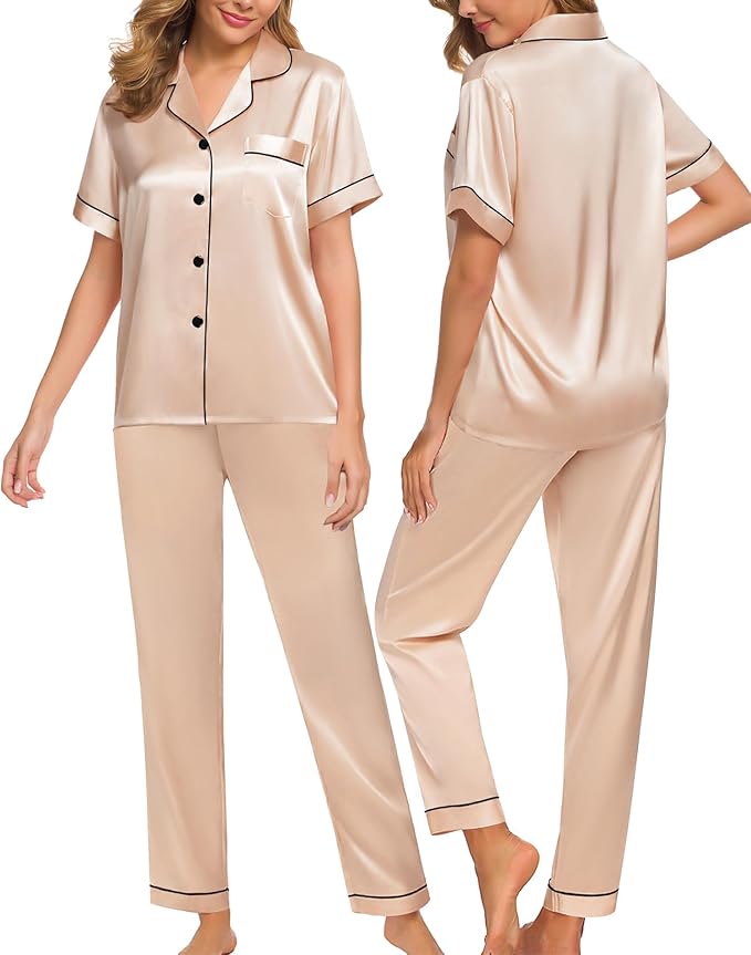 SWOMOG Women Satin Pajamas Set Short Sleeve Top & Pants Sleepwear Silky Button Down Nightwear 2pcs Loungewear Pjs Set