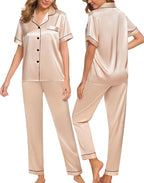 SWOMOG Women Satin Pajamas Set Short Sleeve Top & Pants Sleepwear Silky Button Down Nightwear 2pcs Loungewear Pjs Set