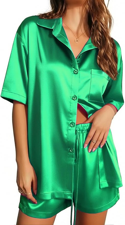 Ekouaer Pajamas for Women Silk Satin Pjs Soft Sleepwear Short Sleeve Button Down Pjs Top and Shorts 2 Piece Lounge Set S-XXL