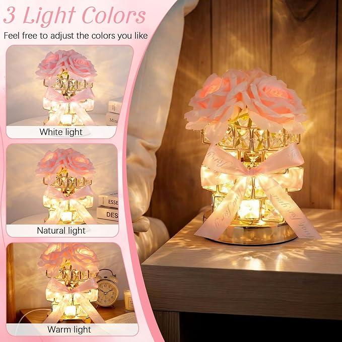 VIHOSE Rose Flower Lamp Mother Gift Crystal Table Lamp for Bedroom 3 Color Dimming Pink Night Light Birthday Gifts for Women Mom Girlfriend Wife