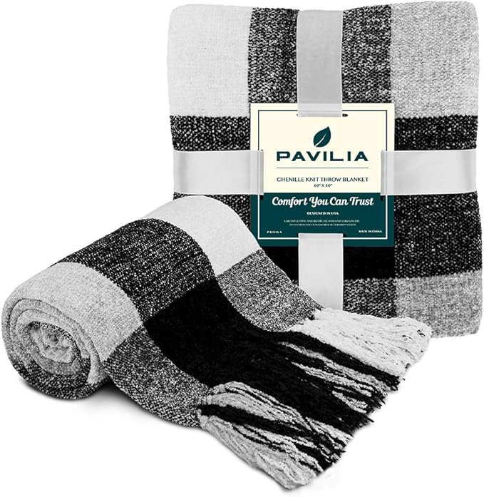 PAVILIA Plaid Blanket, Soft Throw Blanket for Couch Sofa, Knit Chenille Throw Blanket for Twin Size Bed, Living Room Decor Woven Knitted Decorative Blanket, White Black Gray Buffalo Check 60x80in