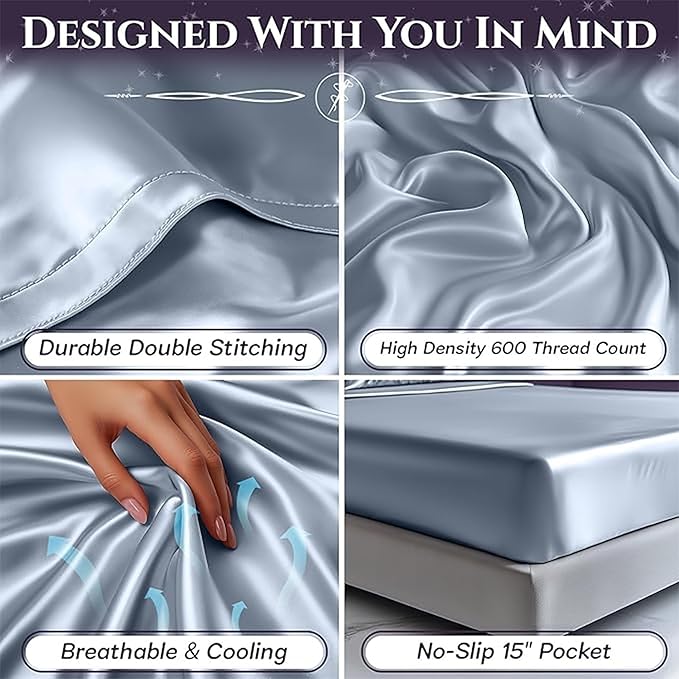 SLEEP SANCTUARY Satin Sheets King Size – 4 Piece Luxury Silky Bed Set, Softer Than Silk, 15" Deep Pocket, Cooling & Wrinkle-Free, Moisture-Wicking & Breathable for Hair & Skin (Baby Blue)