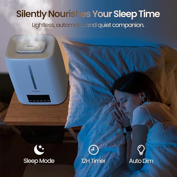 6L Top Fill Ultrasonic Humidifier - Cool and Warm Mist for Bedroom, Baby, Large Rooms & Plants, Smart Humidity Control, Aroma Diffuser, Night Light, 12H Timer, Quiet