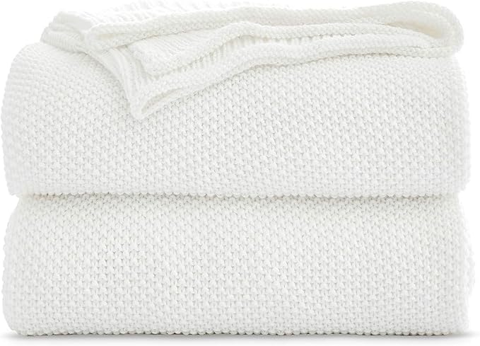 Longhui bedding 100% Cotton Ivory White Lightweight Cable Knit Throw Blanket for Couch Sofa Bed Home Décor – 50“ x 60”, Bonus Laundering Bag, Machine Washable