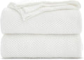 Longhui bedding Ivory White Cotton Cable Knit Throw Blanket for Couch Sofa Chair Bed Home Decorative, 60 x 80 Inch Woven Throw Blankets with a Washing Bag Silk Bow Tie Package