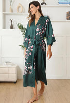 Kihnop Women's Floral Long Kimono Robe Long Satin Robe Long Silk Robe Ladies Kimonos Silky Bathrobe Cover Up, One Size