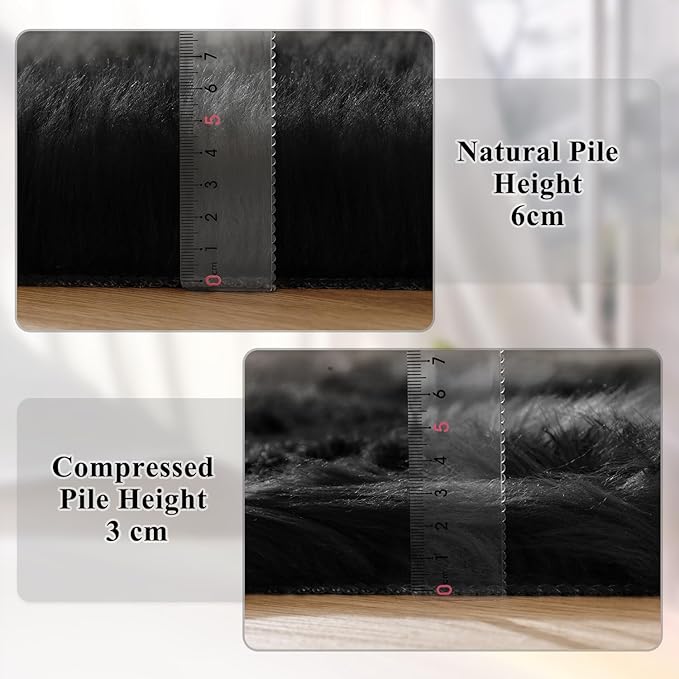 ORINOVA Washable 6x9 Area Rugs for Living Room Black Fuzzy Faux Sheepskin Shag Fur Rug for Bedroom Nursery Rectangle Rug Home Décor