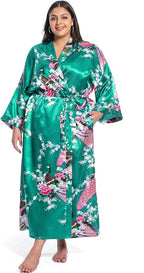 Women's Floral Long Satin Robes Plus Size Long Silk Robes Peacock Floral Kimonos Sleepwear Dressing Gown