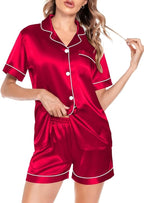 SWOMOG Satin Matching Pajamas Sets Couple Silk Button Down Nightwear Women & Men Short Sleeve Sleepwear 2 Pieces Loungewear