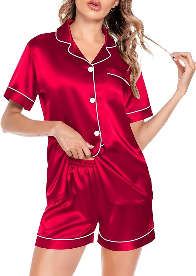 SWOMOG Satin Matching Pajamas Sets Couple Silk Button Down Nightwear Women & Men Short Sleeve Sleepwear 2 Pieces Loungewear