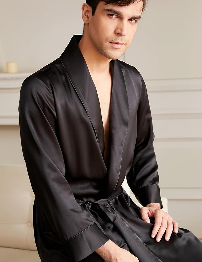 THXSILK Men’s Silk Robe Long Bathrobes, Luxury Lightweight Sleepwear, Two Pockets, Pure Mulberry Silk loungewear