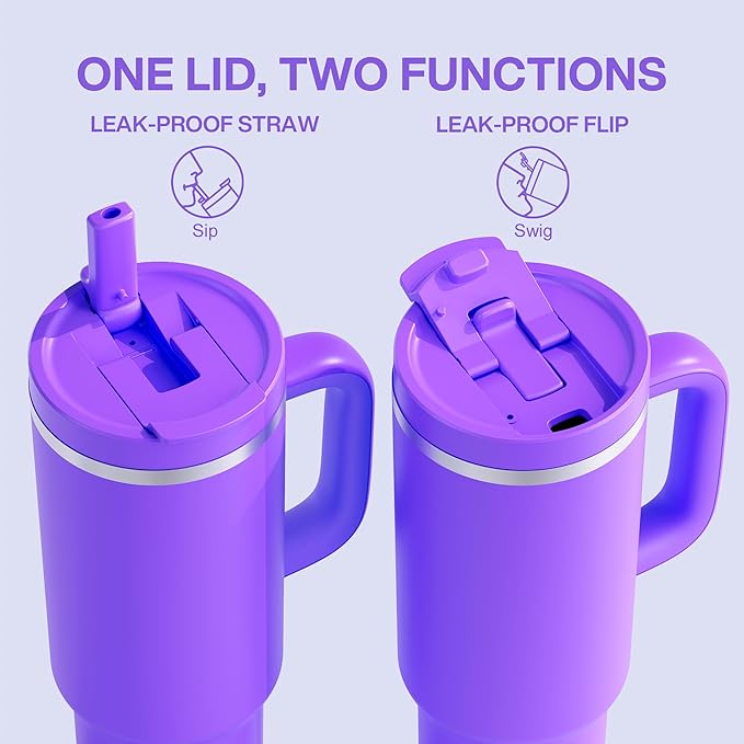 40 oz Tumbler with Handle and Straw: Stainless Steel Insulated Tumbler Keeps Cold for 24 Hours, Leakproof Travel Cup Fits in Cup Holder and BPA-Free,Violet