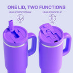 40 oz Tumbler with Handle and Straw: Stainless Steel Insulated Tumbler Keeps Cold for 24 Hours, Leakproof Travel Cup Fits in Cup Holder and BPA-Free,Violet