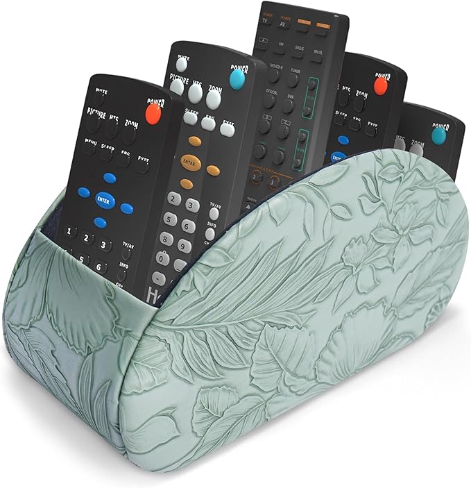 QIELIZI Remote Control Holder, PU Leather Remote Caddy Desktop Organizer with 5 Spacious Compartments for TV Remotes/Media Controllers/Office Supplies (1-Carved Green