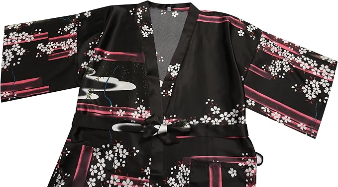 Valennia Women Long Silky Bathrobe Satin Kimono Robe Floral Printed Dressing Gown Sleepwear
