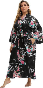 Women's Floral Long Satin Robes Plus Size Long Silk Robes Peacock Floral Kimonos Sleepwear Dressing Gown