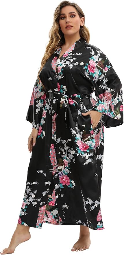 Women's Floral Long Satin Robes Plus Size Long Silk Robes Peacock Floral Kimonos Sleepwear Dressing Gown