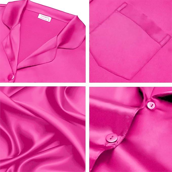 SWOMOG Long Sleeve Pajamas Set Silk Satin Sleepwear Button Down Pjs Loungewear with Pocket