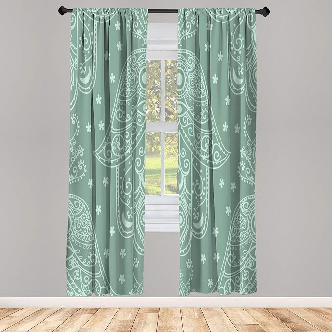 Lunarable Hamsa Window Curtains, Egyptian Boho Hand Shape Pattern Eye Design Bridal Night Inspired Art, Lightweight Decorative 2-Panel Set & Rod Pocket, Pair of - 28" x 84", Laurel Green
