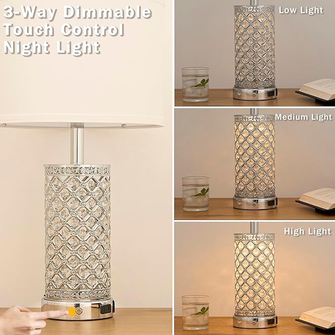 SAIWEYA Crystal Table Lamps Set of 2, 3-Way Dimmable Bedside Lamp with 2 USB Ports & AC Outlets for Living Room Bedroom Nightstand Lamp Night Light (Silver- 2 Pack 24In)