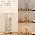 SAIWEYA Modern Crystal Table Lamp - 24in Silver Bedroom Lamps 3-Way Dimmable Touch Lamp with Night Light, 2 USB Ports + AC Outlet, Bedside Night Stand Lamp for Living Room Office (Silver- 1 Pack 24In)