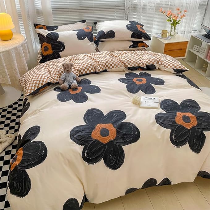 CLOTHKNOW Black Sunflower Queen Comforter Set Floral Bedding Comforter Sets Brown Plaid Comforter Soft Botanical Queen Comforter with 2 x Pillow Cases