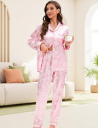 EPLAZA Silk Pajamas for Women Satin Pajamas Set 5 Pcs Long Sleeve Print Pattern Button Down Pjs Sleepwear Loungewear Set