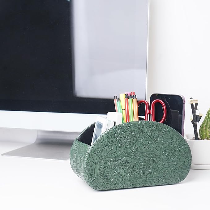 QIELIZI Remote Control Holder, PU Leather Remote Caddy Desktop Organizer with 5 Spacious Compartments for TV Remotes/Media Controllers/Office Supplies (1-Carved3 Green1