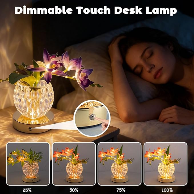 Flower Table Lamp, Orchid Flower with Crystal Vase Lamp, Cordless Touch Desk Light, 3 Colors Dimming & Rechargeable, Small Night Light for Bedroom Home, Romantic Gifts for Girl Women (Purple)