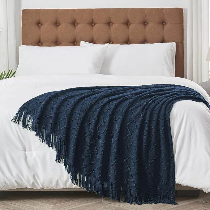 inhand Knitted Throw Blankets for Couch and Bed, Soft Cozy Knit Blanket with Tassel, Dark Blue Lightweight Decorative Blankets and Throws, Farmhouse Warm Woven Blanket for Men and Women, 50"x60"