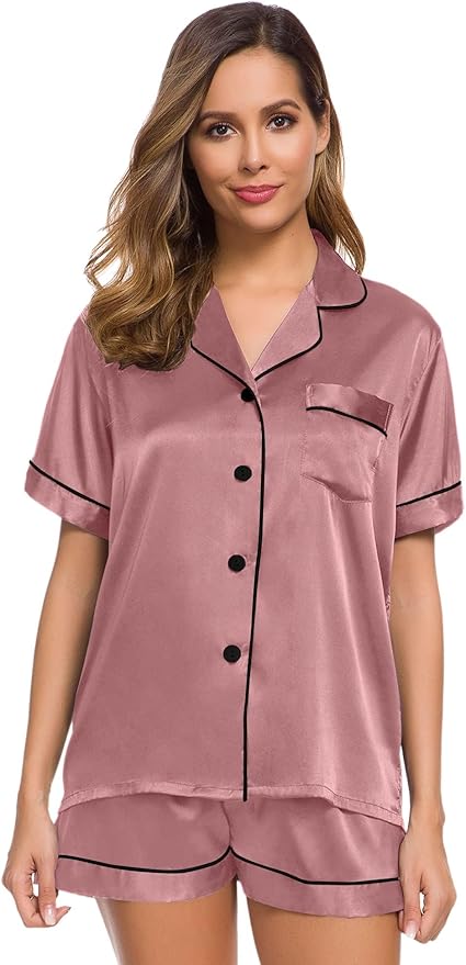 SWOMOG Womens Silk Satin Pajamas Set Short Sleeve Sleepwear Button Down Top and Shorts Loungewear 2 Piece Pjs Set XS-3XL