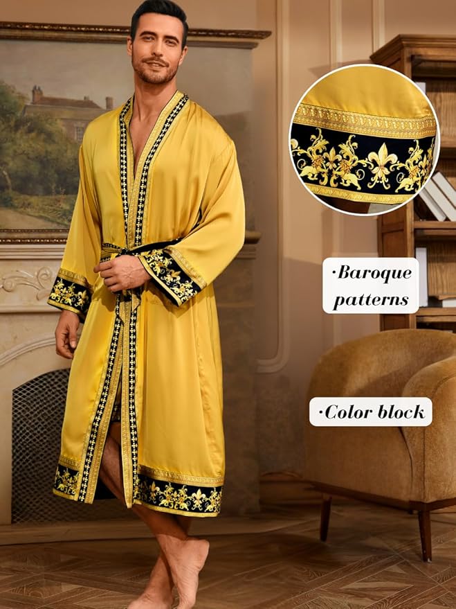 ChiaoLezhee Men's Luxury Silky Robe & Shorts Set, 2PC Lightweight Satin Pajamas with Pockets, Opulent Baroque Kimono Gifts