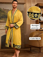ChiaoLezhee Men's Luxury Silky Robe & Shorts Set, 2PC Lightweight Satin Pajamas with Pockets, Opulent Baroque Kimono Gifts