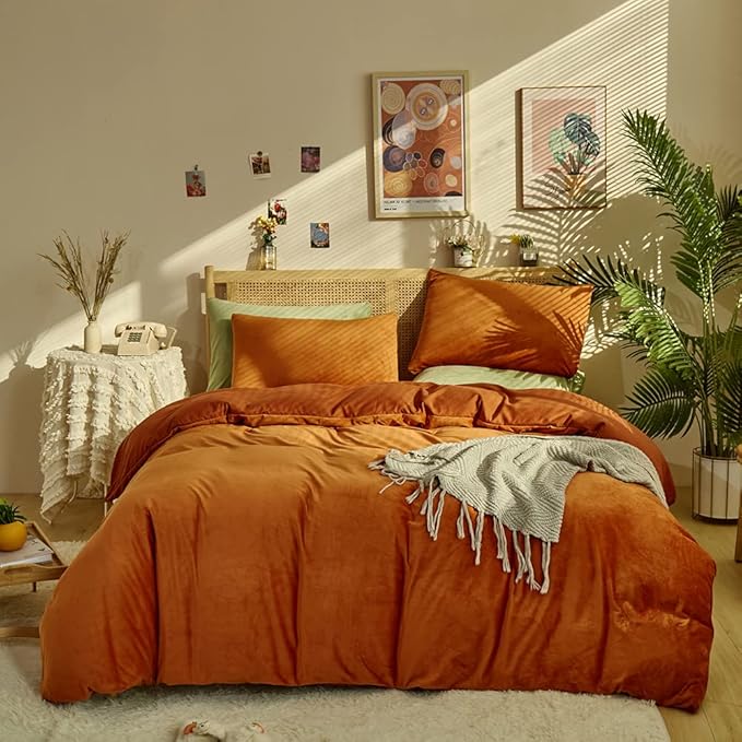 CLOTHKNOW Burnt Orange Comforter Set Queen Velvet Bedding Comforter Sets Orange Rust Comforter Terracotta Comforter Queen with 2 x Pillowcases
